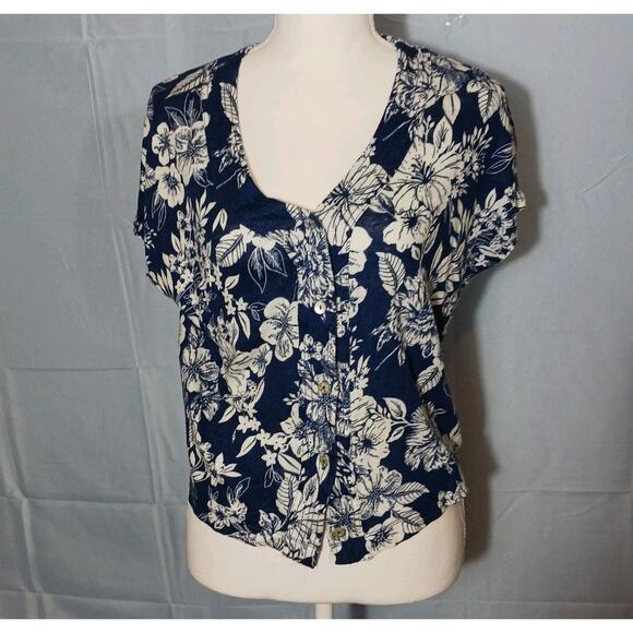 C&C California 100% Linen Crop Top Womens M Short Sleeve Button Up Blue Floral - Picture 1 of 8